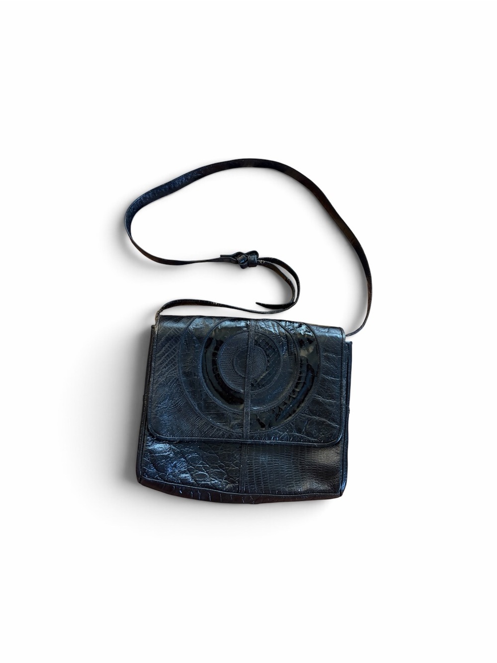 SHARIF Black Leather Crossbody Bag with Circular Embossed Design - Picture 2 of 2